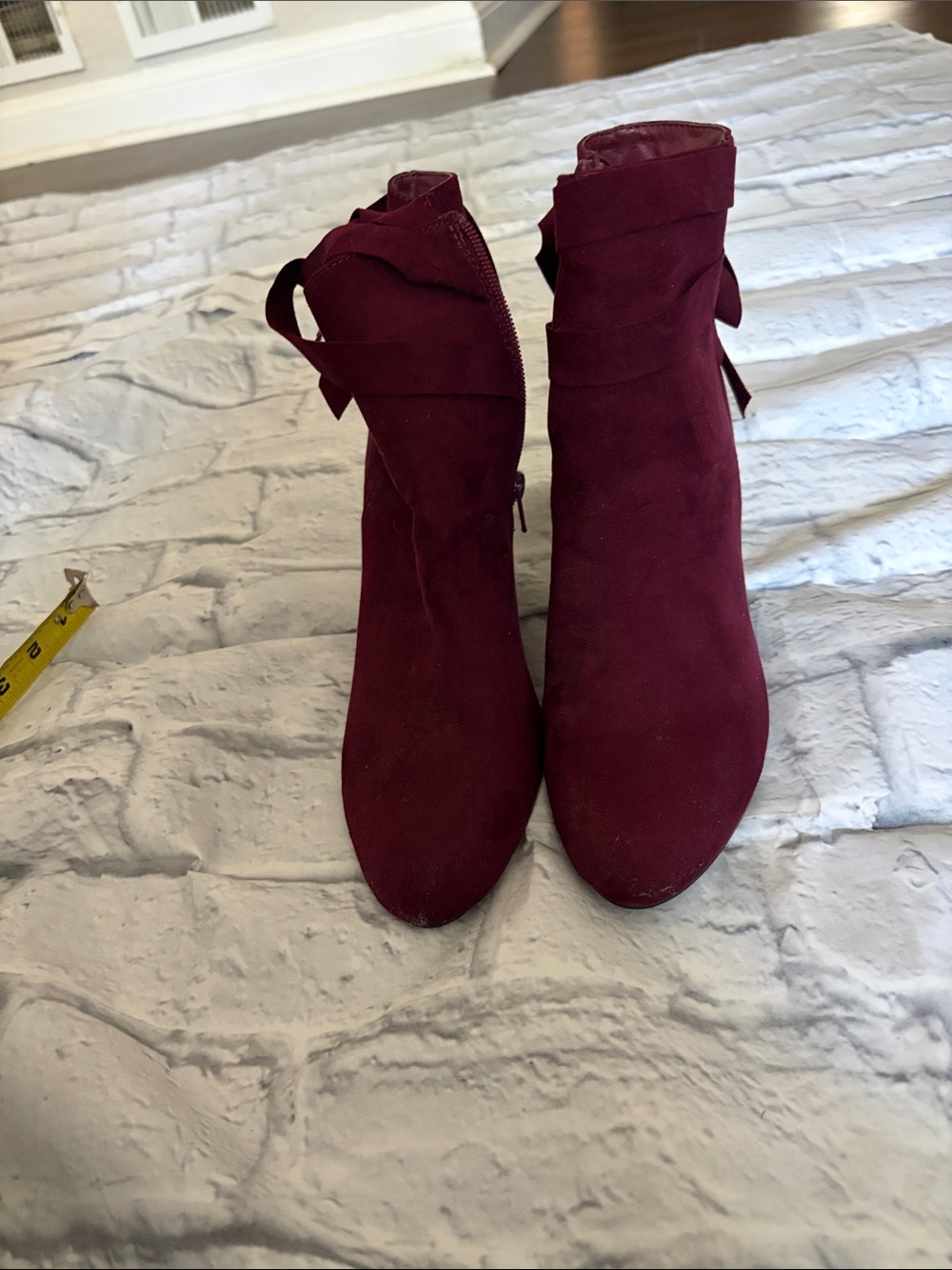 Women's Burgundy Suede Ankle Wedge Boots with Bow Detail